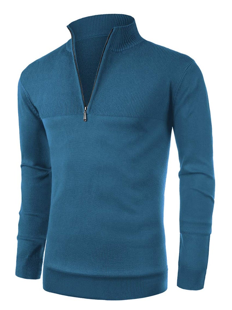NITAGUT Mens Slim Fit Zip Up Mock Neck Polo Sweater Casual Long Sleeve Sweater and Pullover Sweaters with Ribbing Edge(Blue-M) - Image 1